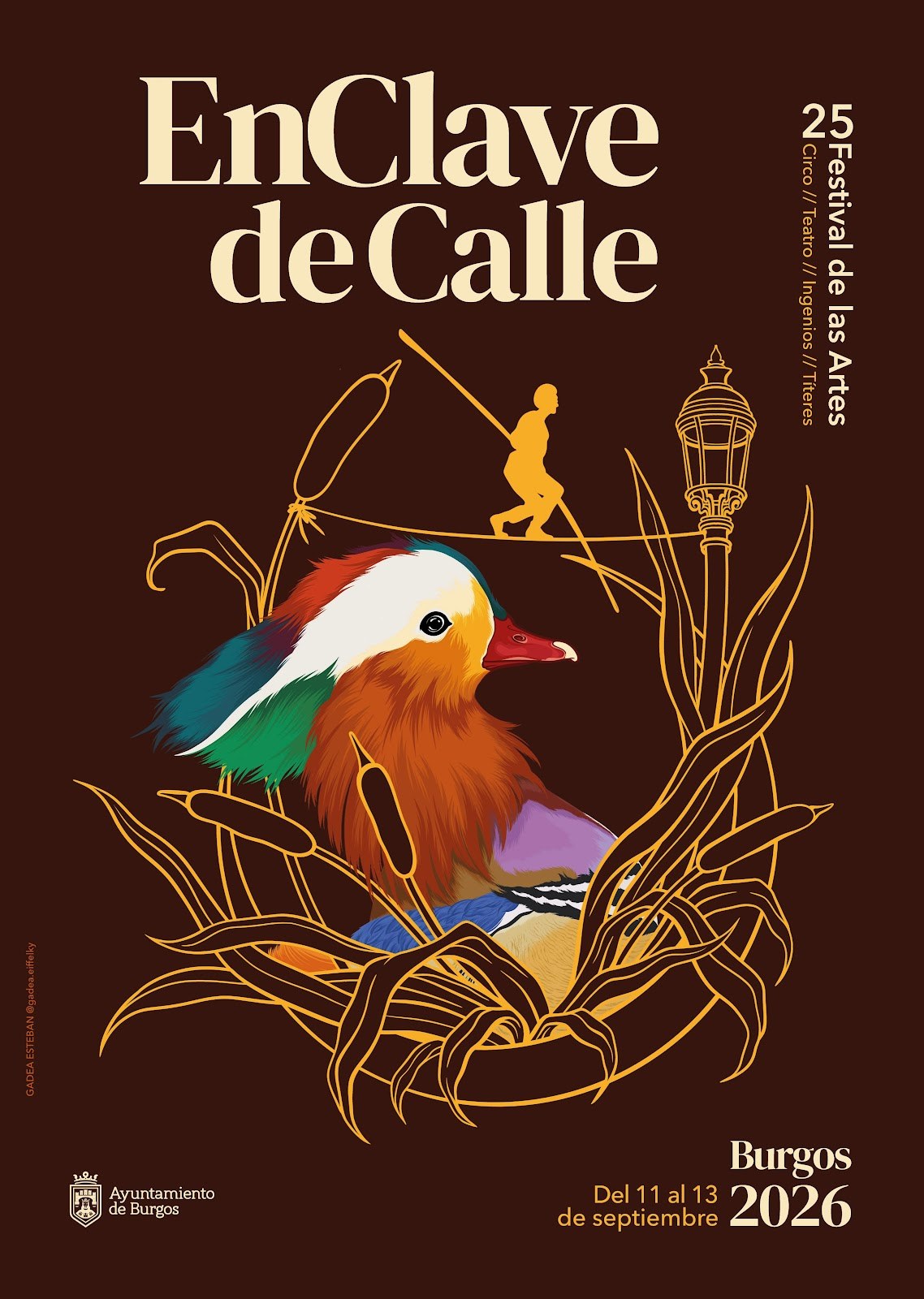 Cartel oficial de EnClave de Calle 2026, ilustrado por Gadea Esteban: un pato mandarín entre juncos y espadañas dibujados en oro, con un funambulista cruzando un cable sobre el ave y una farola a la derecha.